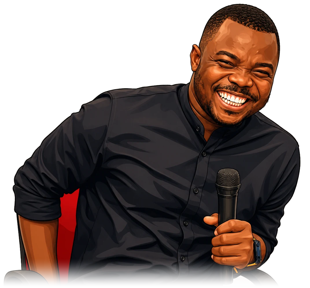 Mo Mbalam, laughing, holding a microphone on stage